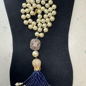 Pearl and Navy Bead Tassel Statement Necklace